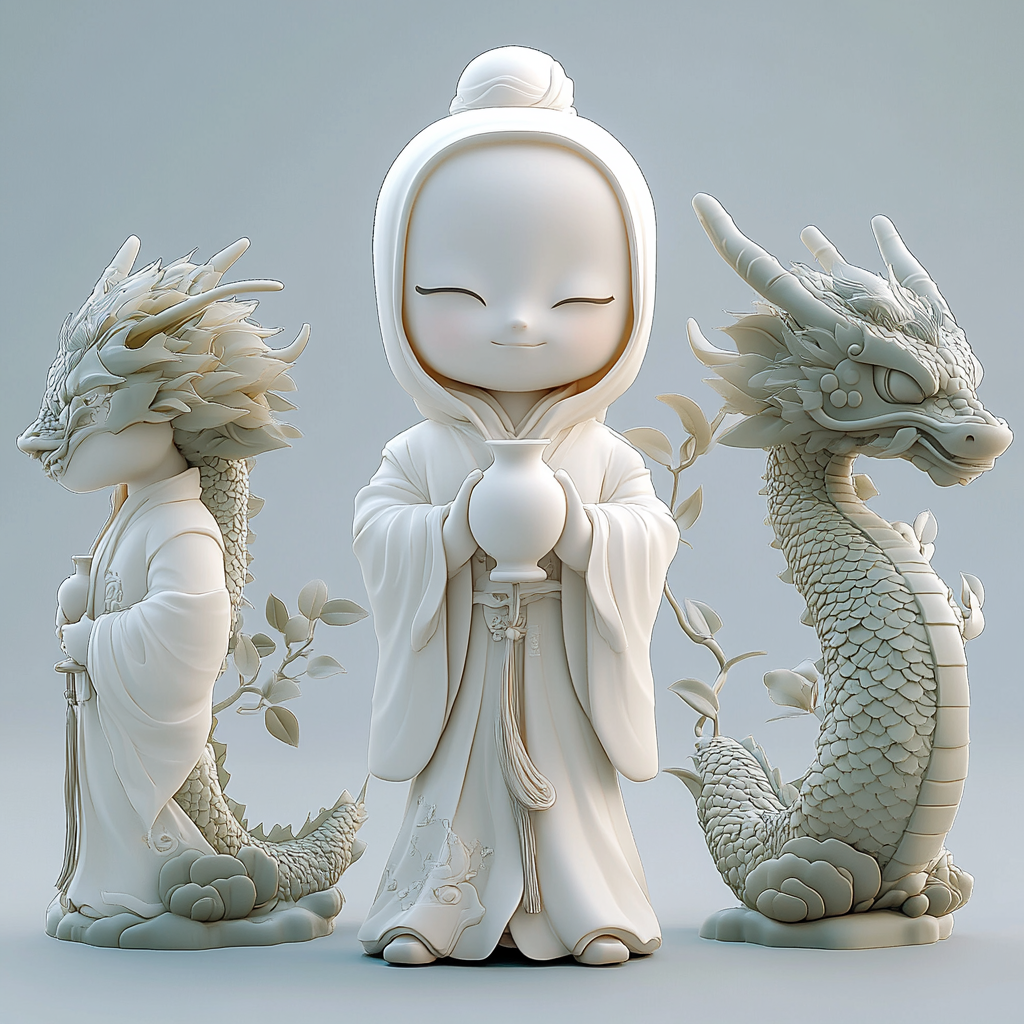 Chibi Guanyin Buddha Riding Dragon in 3D View