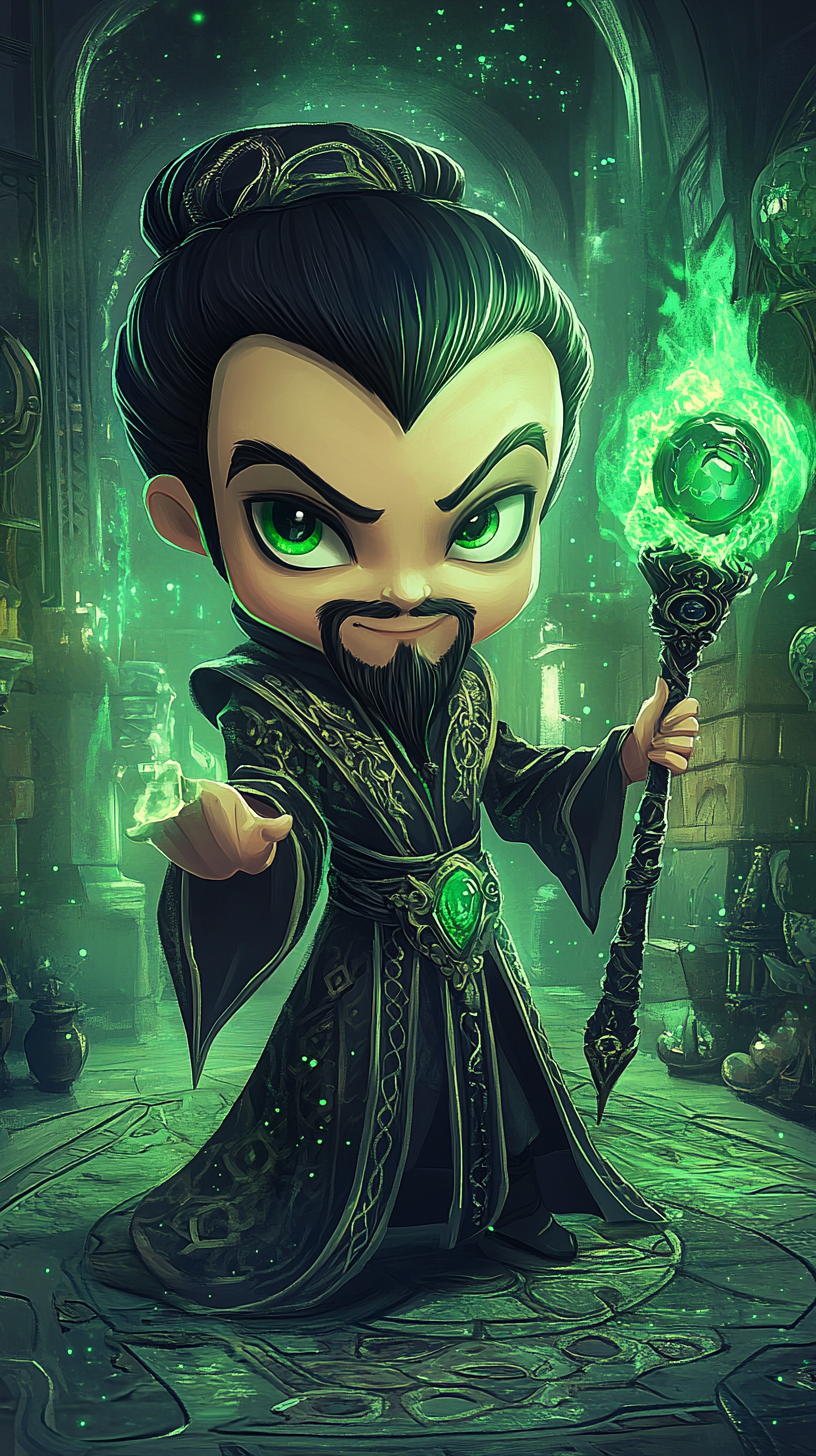 Chibi Jafar in Serpentard robes with iconic staff.