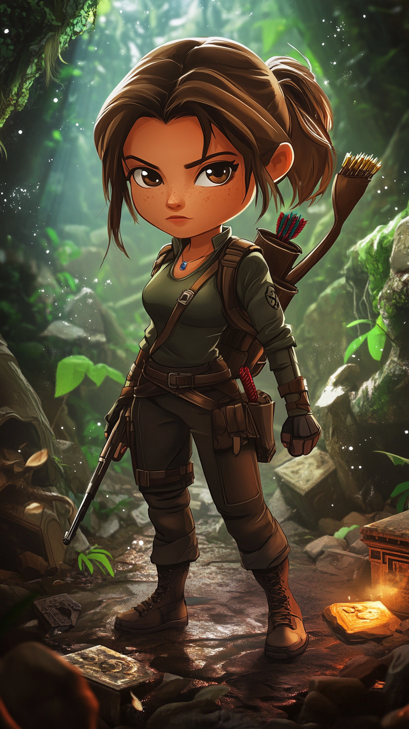 Chibi Lara Croft exploring magical ruins at Hogwarts.