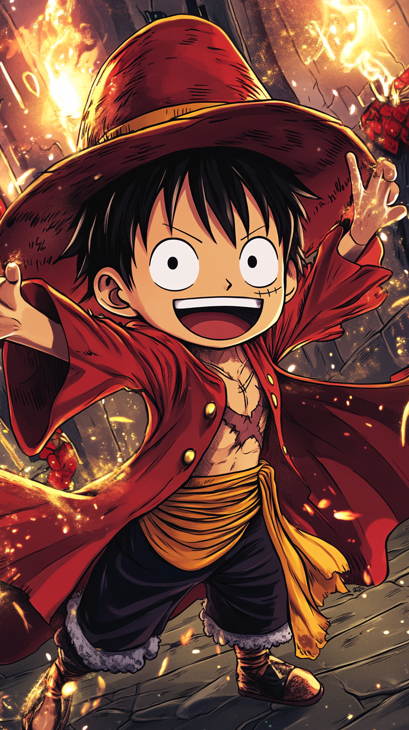 Chibi Luffy from One Piece wears Gryffindor robes joyfully performing spells in Hogwarts.