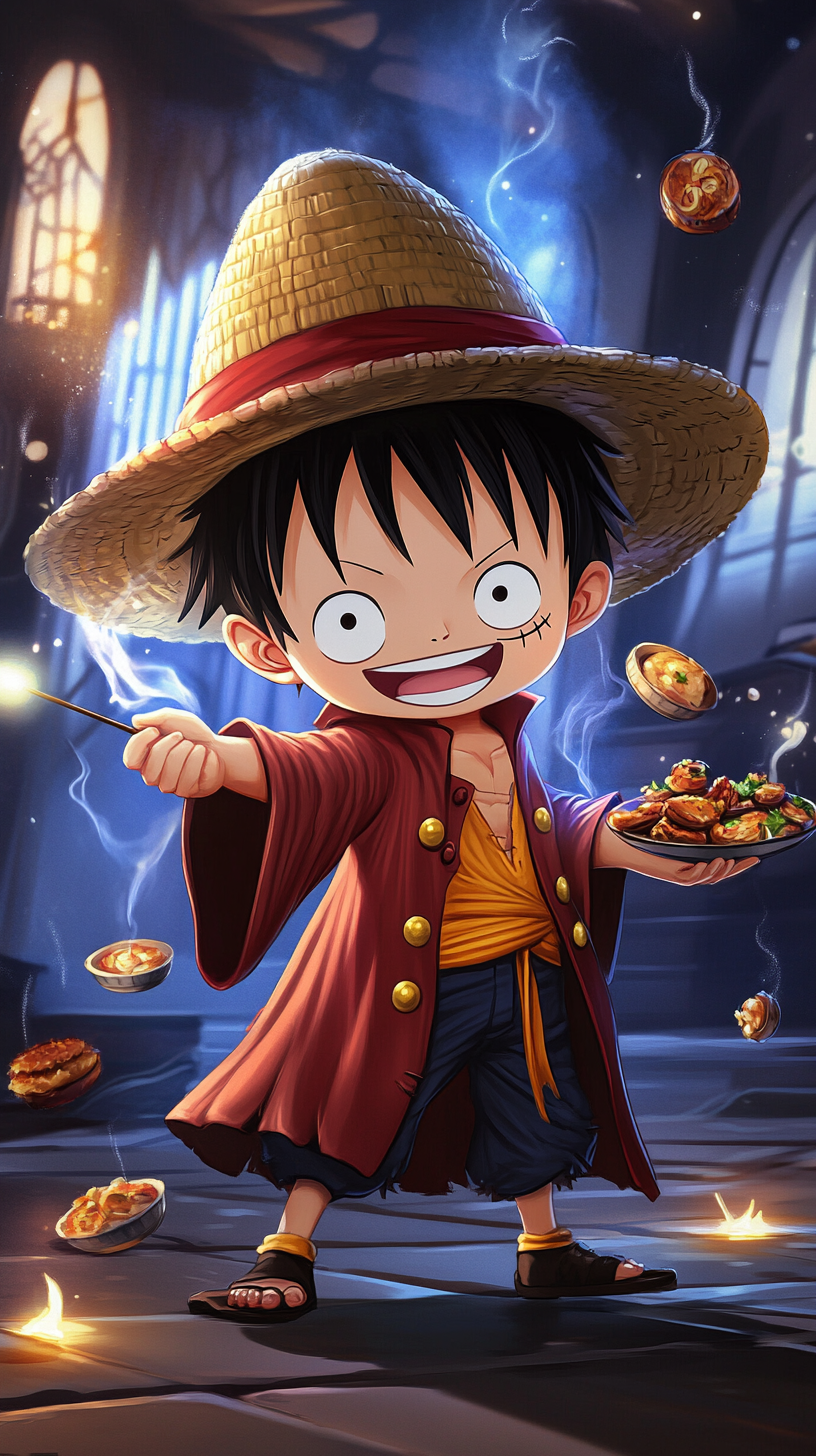 Chibi Luffy in Hogwarts robes multiplies food magically.