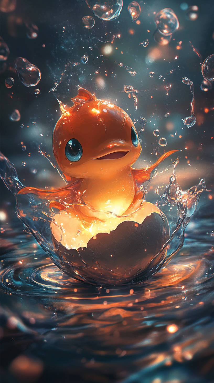 Chibi Magikarp hatching from egg in mystical aura.