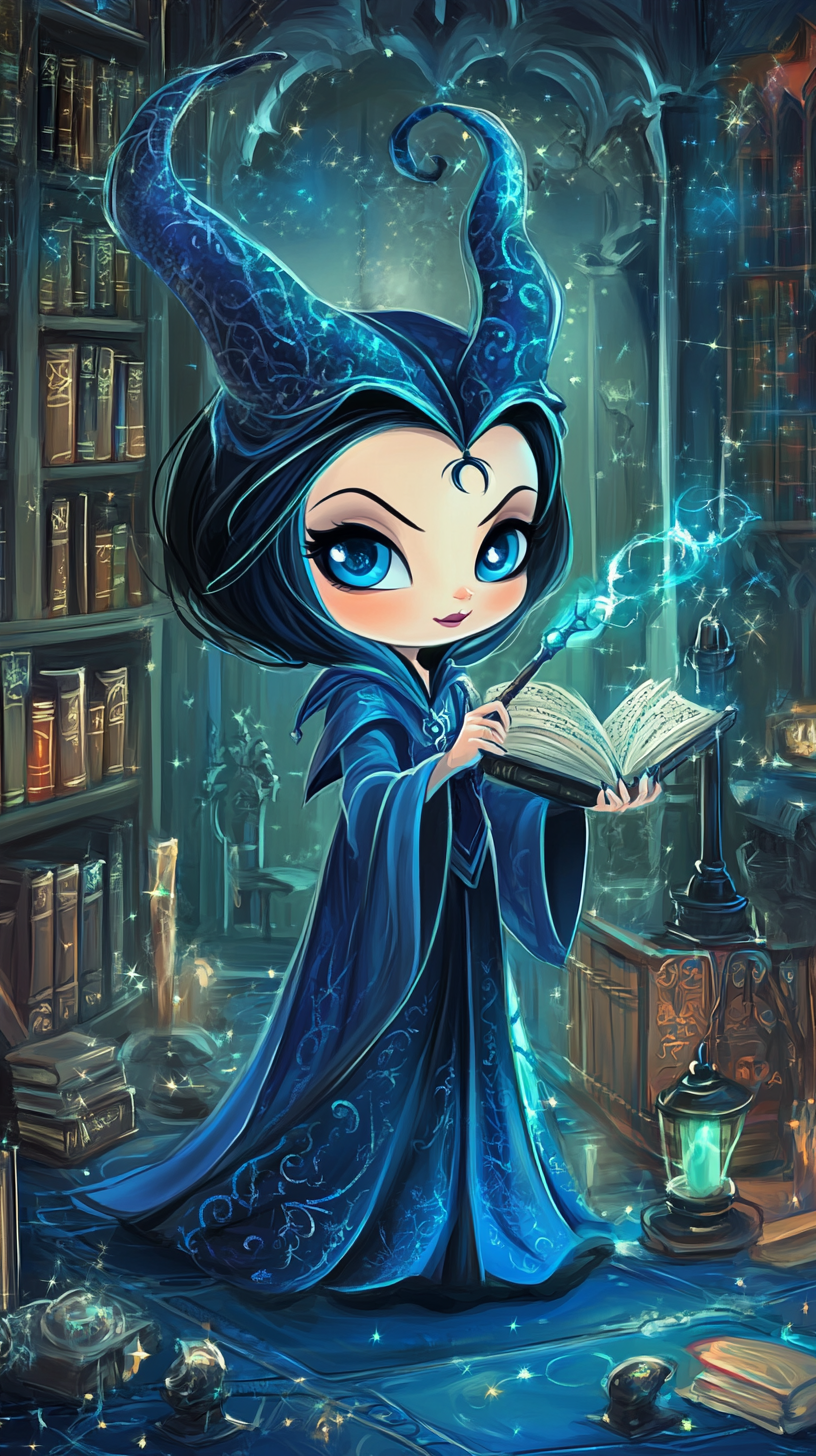 Chibi Maleficent in Ravenclaw robes studying magic books.