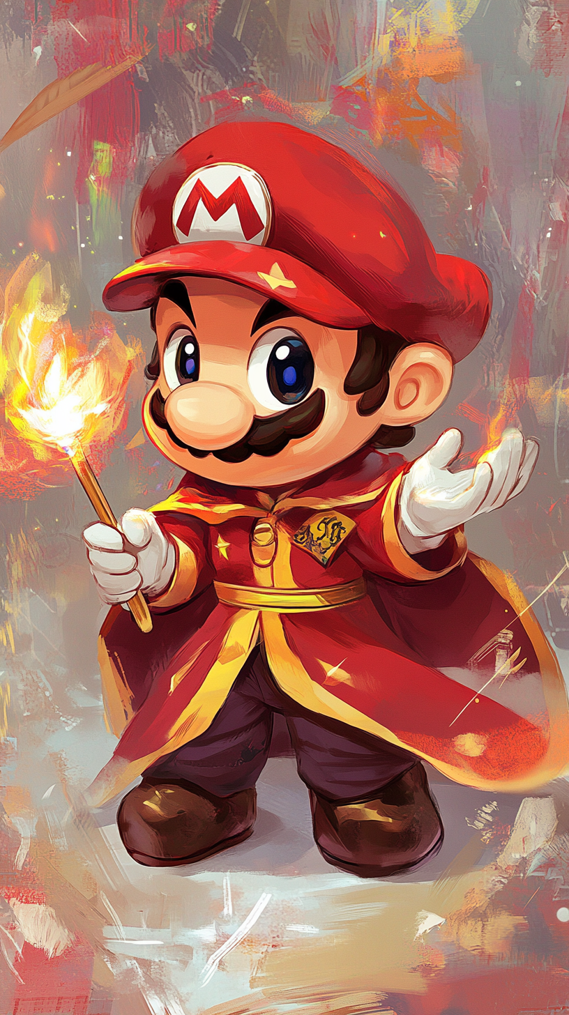 Chibi Mario in Gryffindor robes casting colorful magic.