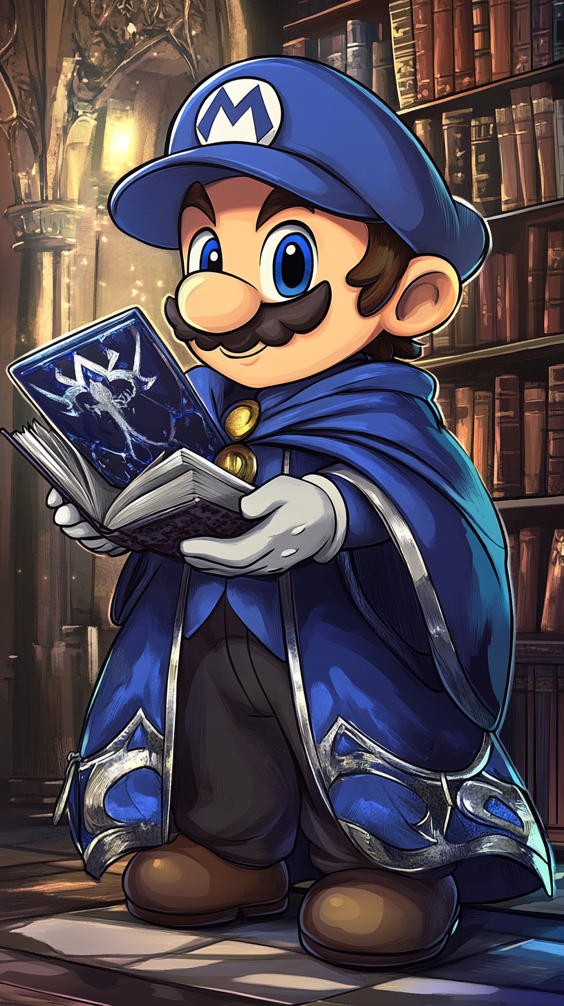 Chibi Mario in Ravenclaw robes, solving magical puzzles.