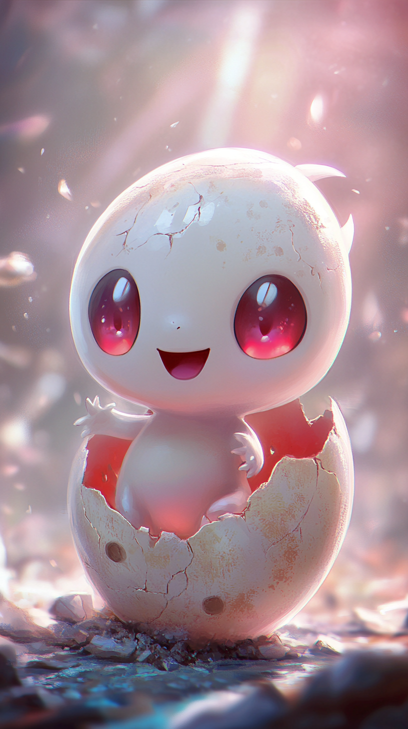 Chibi Mime Jr. Pokemon hatching from colorful egg.