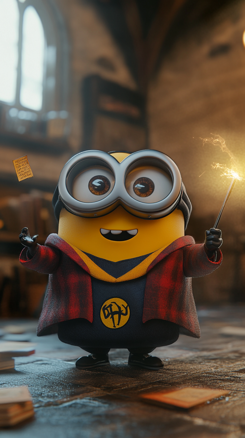 Chibi Minion in Gryffindor robes causing playful magic.