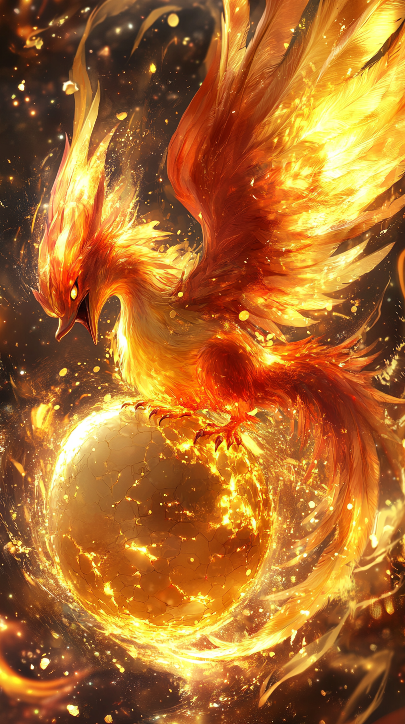 Chibi Moltres hatching from glowing, fiery egg. Mythical aura.