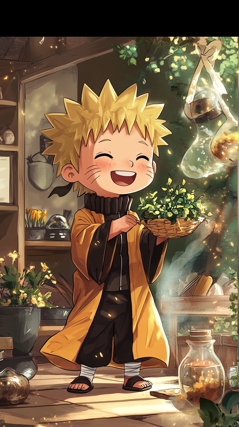 Chibi Naruto in Hufflepuff robes gardening or helping.