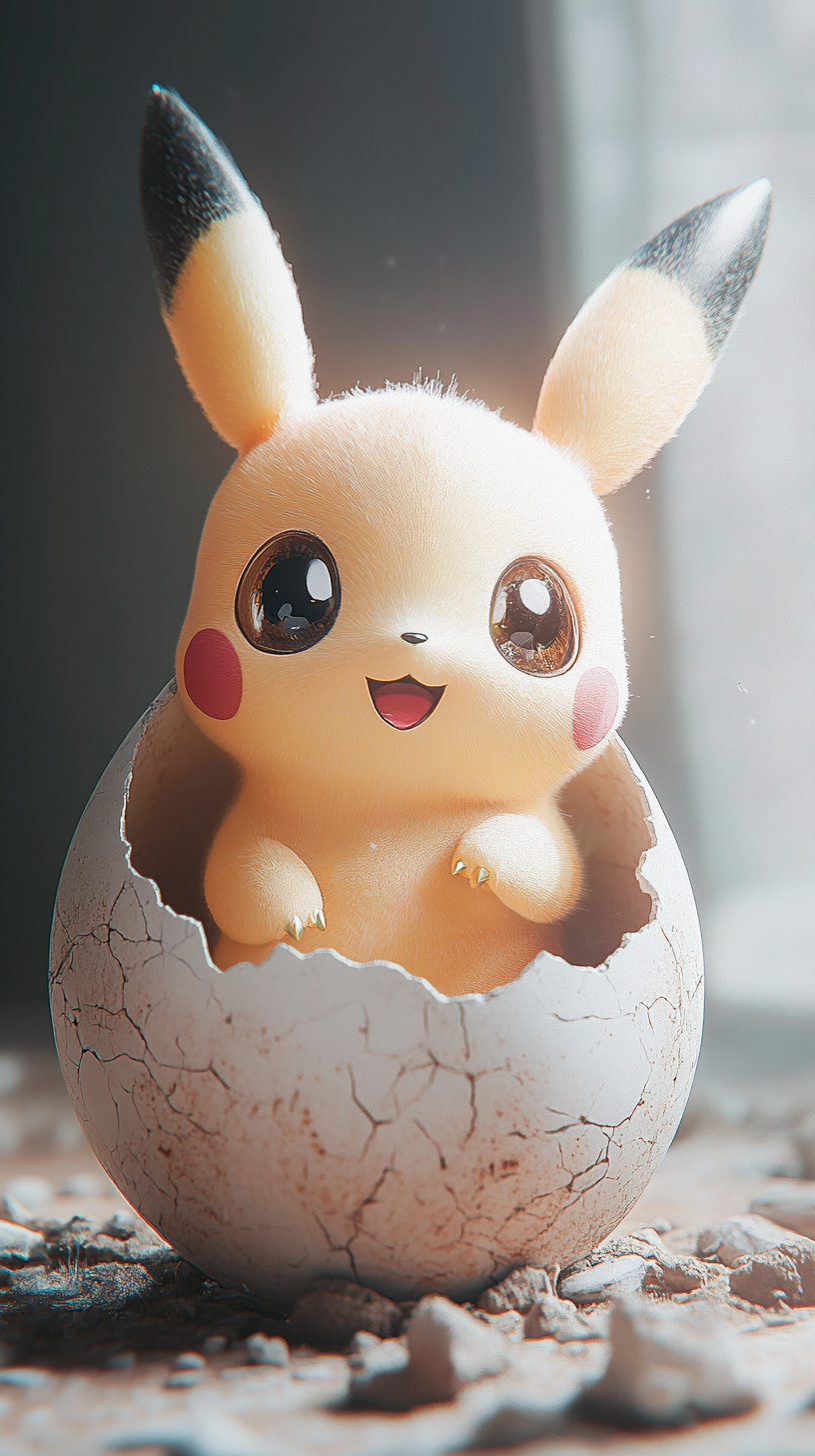 Chibi Pichu hatching from egg, high quality, cute.