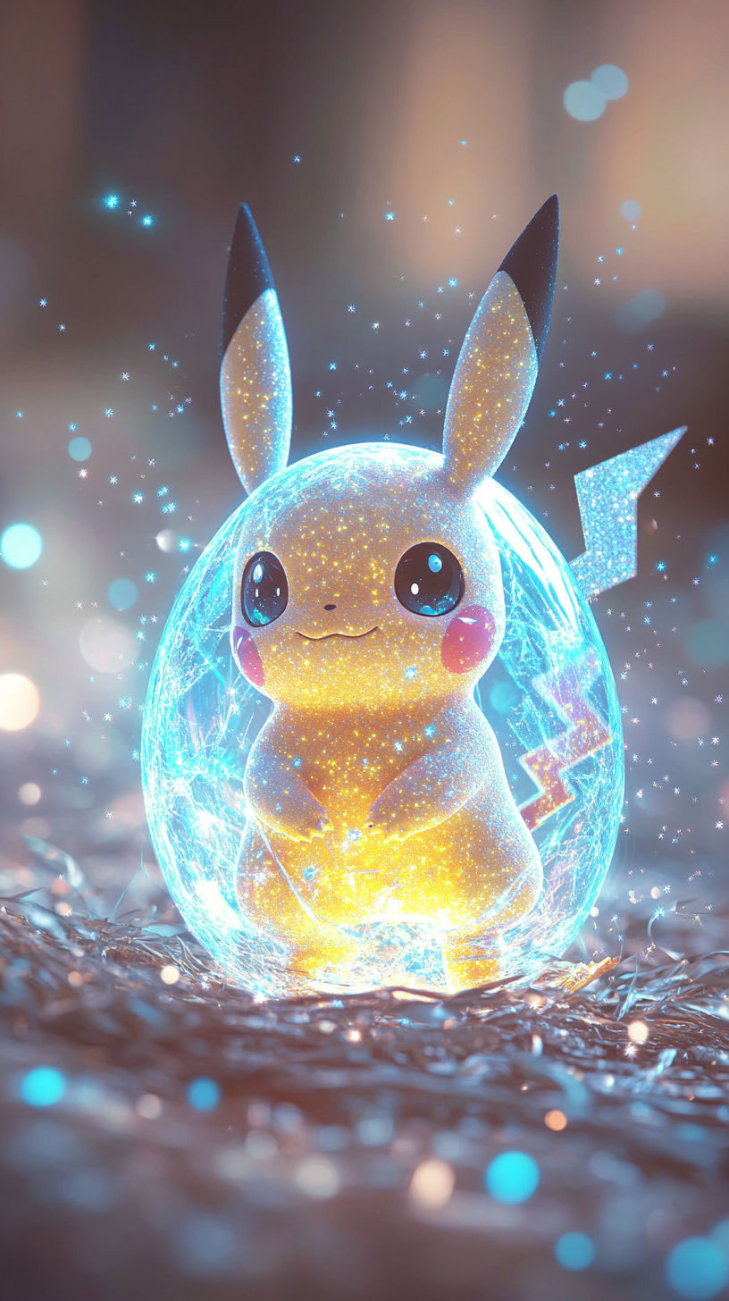 Chibi Pichu hatching from egg with magical aura.