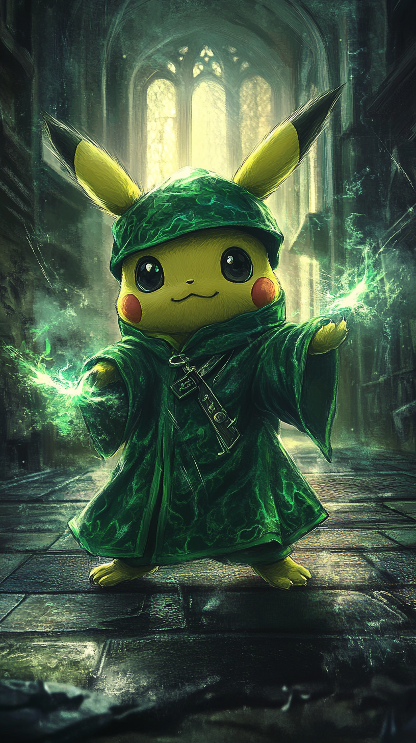 Chibi Pikachu in Slytherin robes at Hogwarts castle.