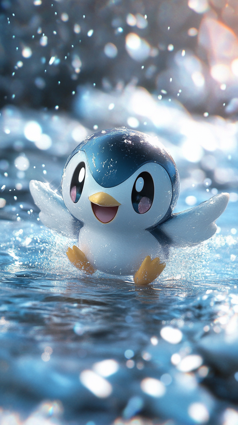 Chibi Piplup Pokémon sliding on shimmering ice joyfully.