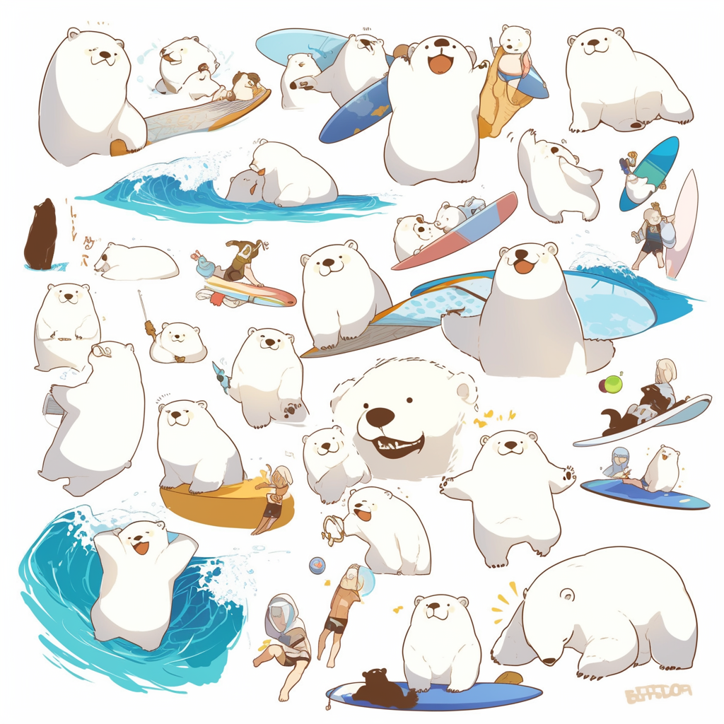 Chibi Polar Bear Surfer Comic Style Stamp 