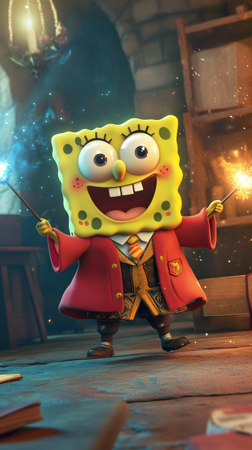 Chibi SpongeBob wears Gryffindor robes, duels magically.