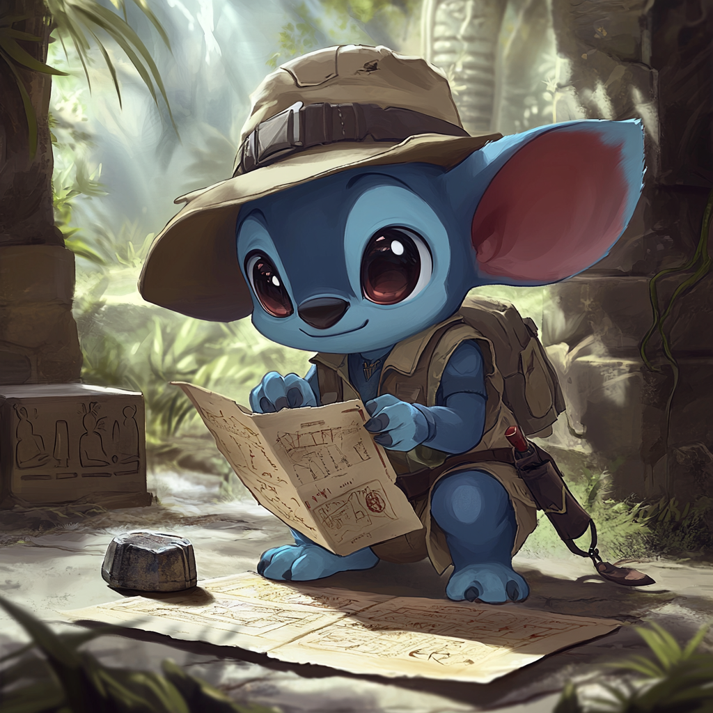 Chibi Stitch in archaeologist outfit examines ancient artifact.