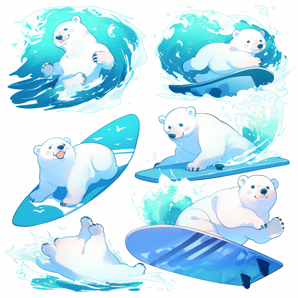 Chibi Surfing Polar Bear in Comic Style Poses