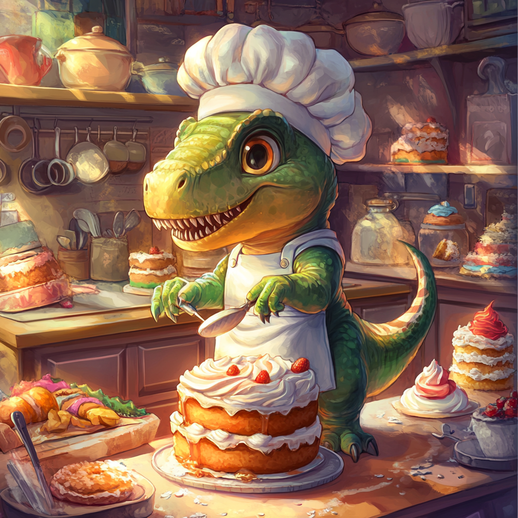 Chibi T. rex chef decorates cake in bakery.