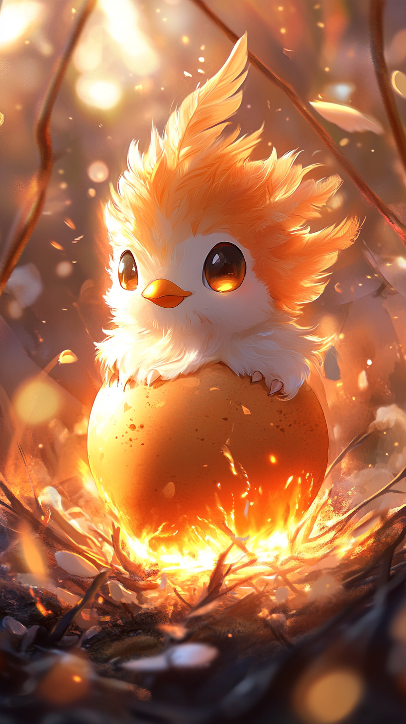 Chibi Torchic hatching from egg in fiery landscape scene.