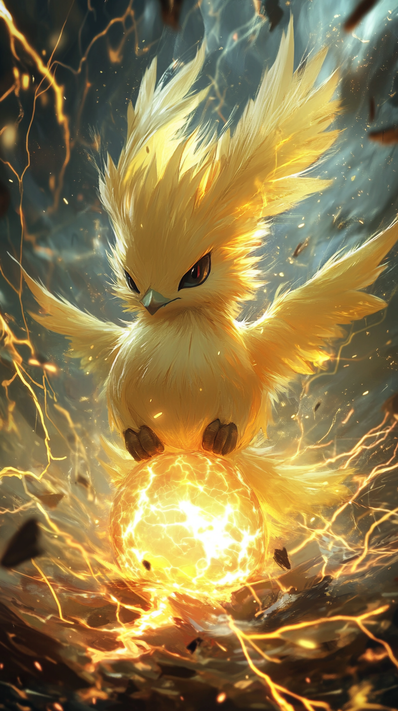 Chibi Zapdos with golden feathers emerging from egg storm.