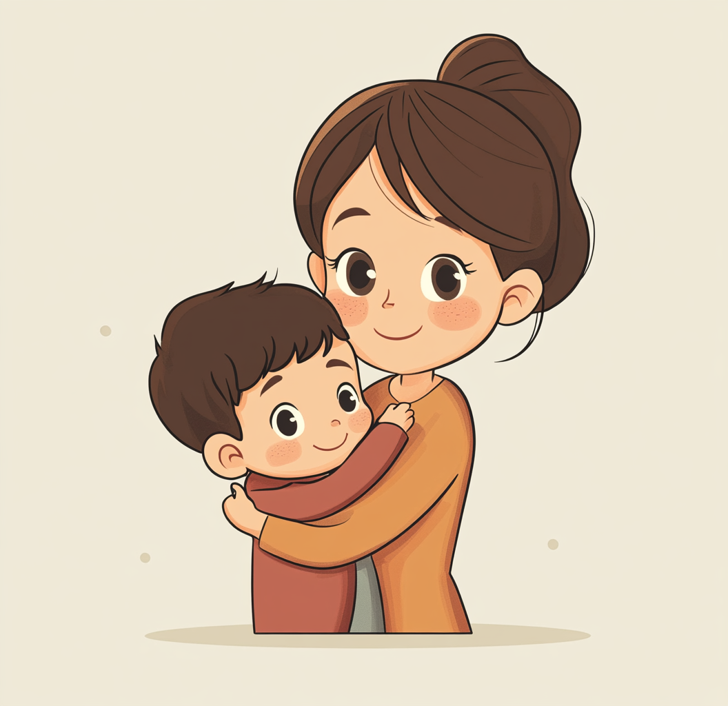 Chibi art style cartoon of mother hugging son.