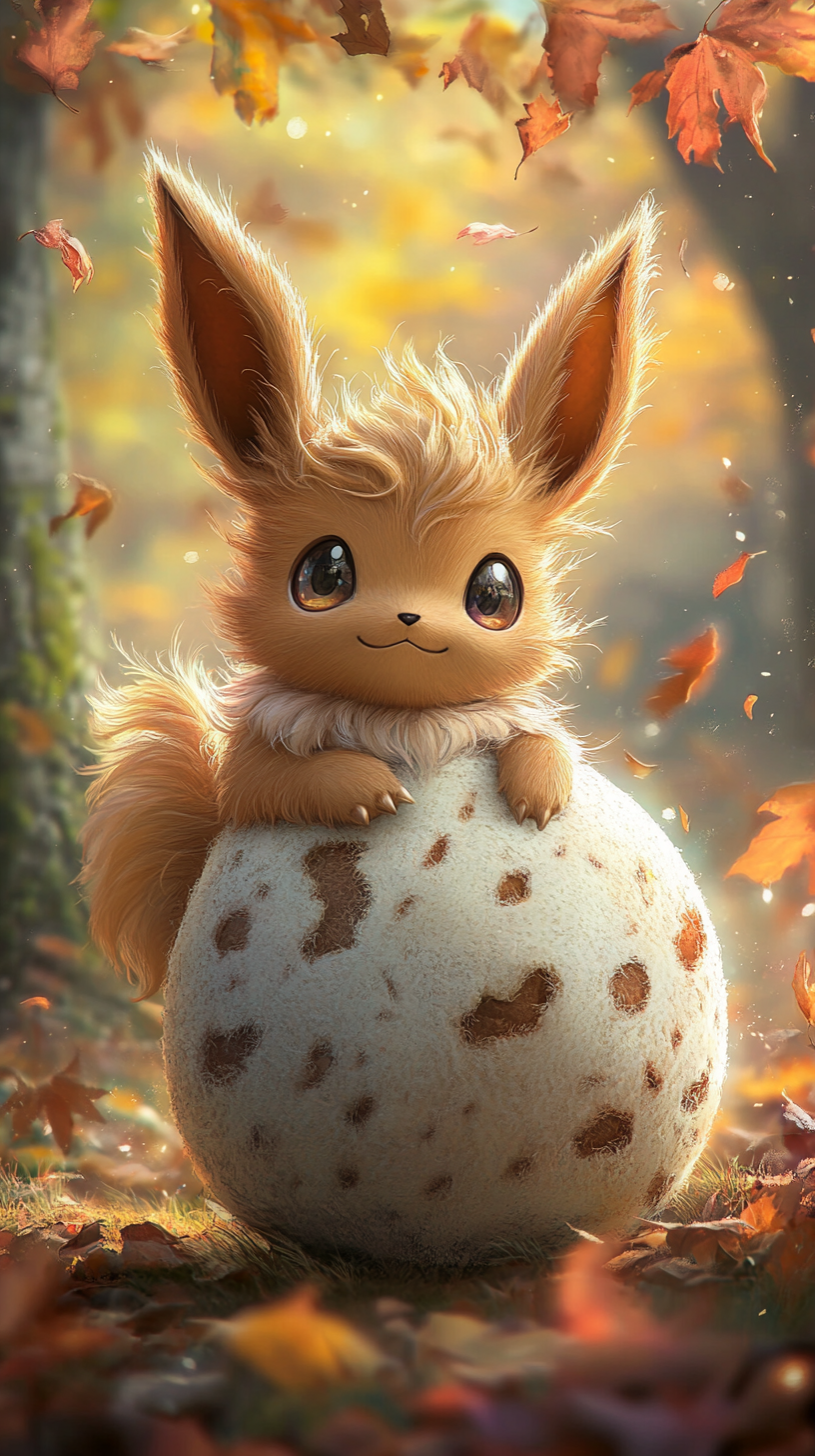 Chibi baby Eevee hatching from glowing egg in forest.