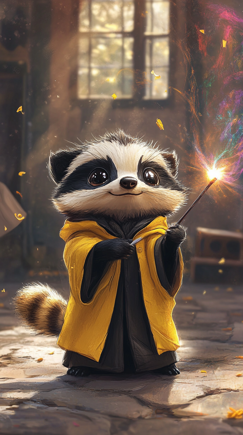 Chibi badger in Hufflepuff robe using wand to cast spell.