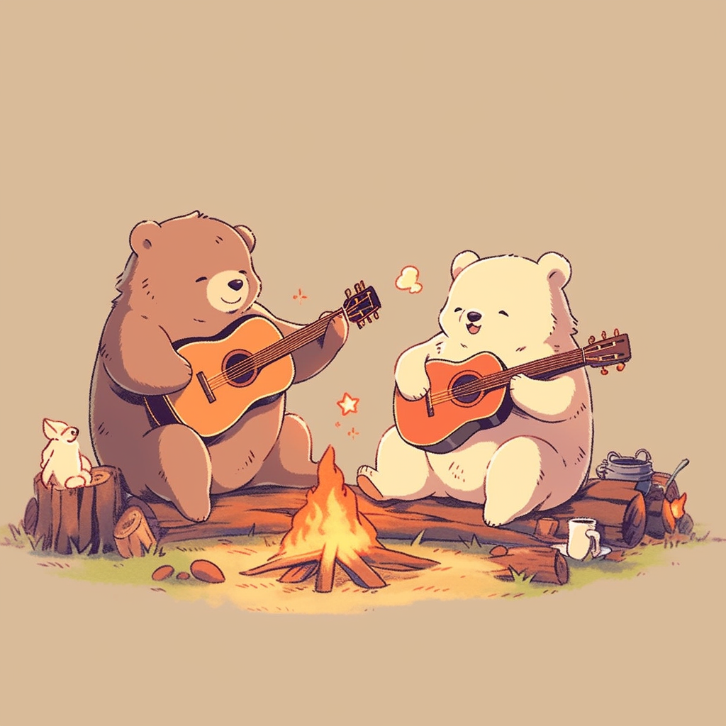 Chibi bear, bunny, and lion cozy campfire scene.