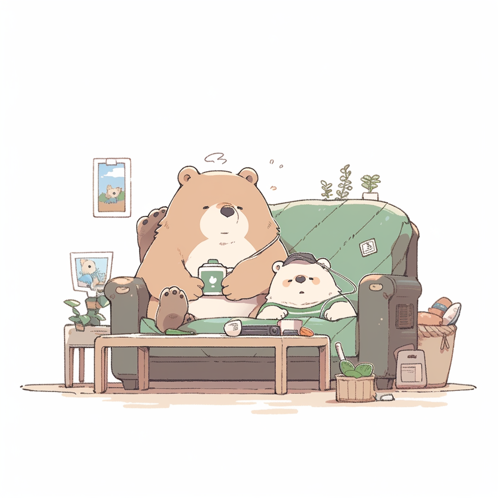 Chibi bear and cub watching TV on couch.