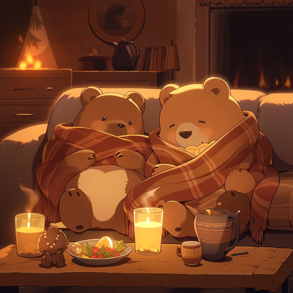 Chibi bear and cub watching movie in cozy cabin.