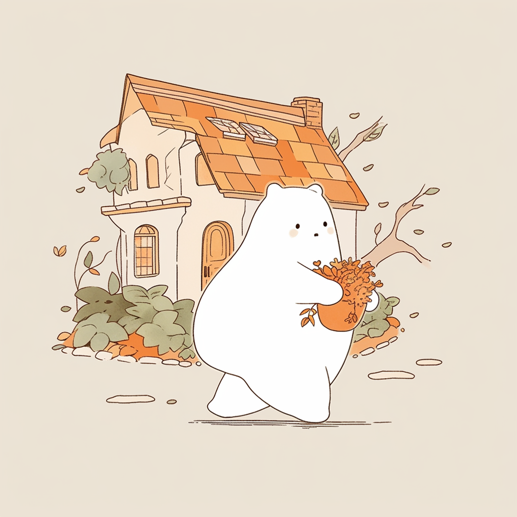 Chibi bear in ghost costume trick-or-treating in cozy neighborhood.