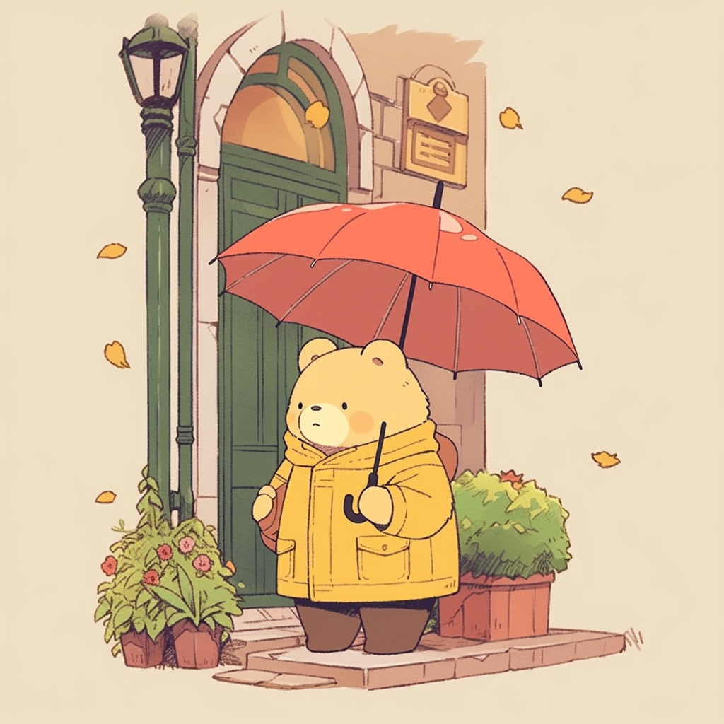 Chibi bear in raincoat and umbrella walking in neighborhood.