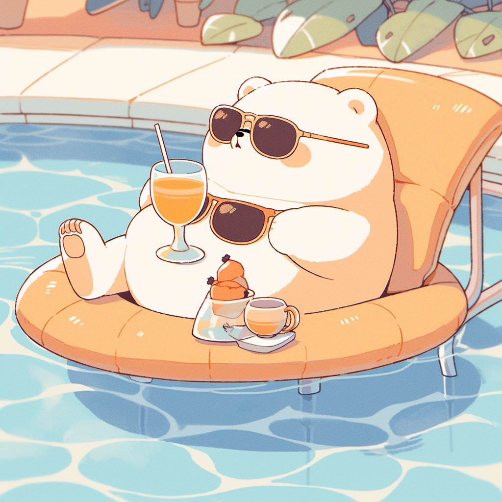 Chibi bear lounging in pool with summer drink.