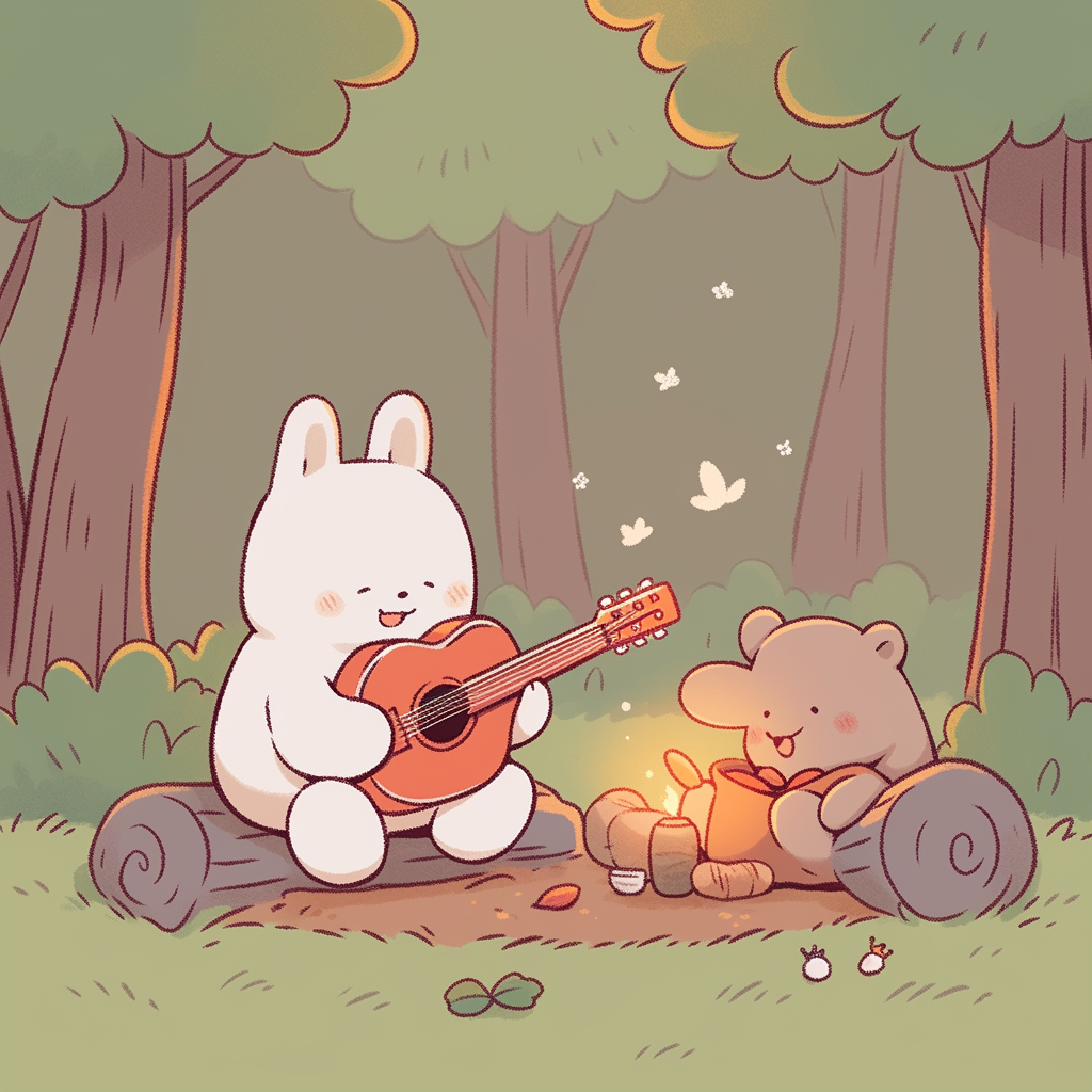 Chibi bear playing guitar with friends in woods.