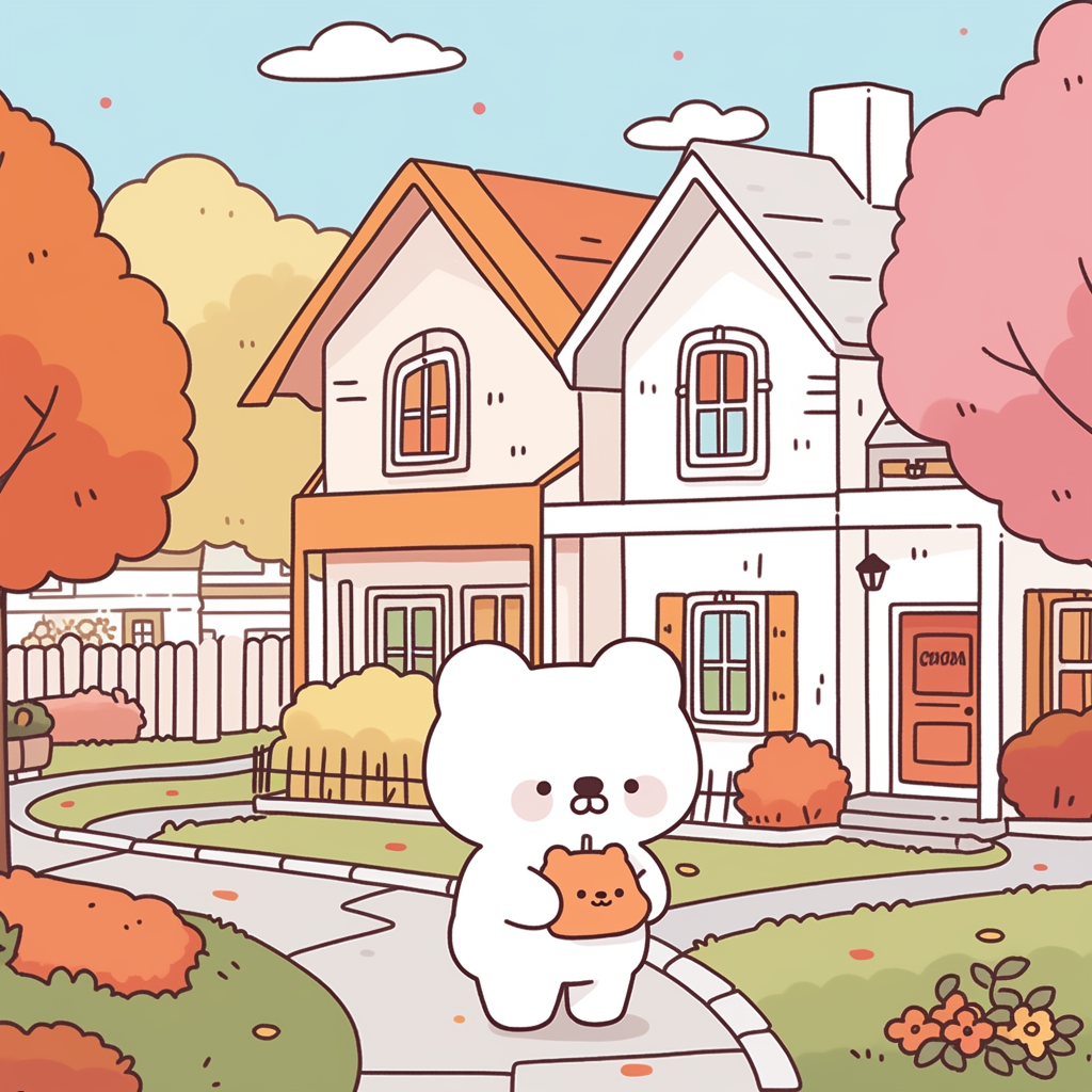 Chibi bear with red horns walks down cozy street.