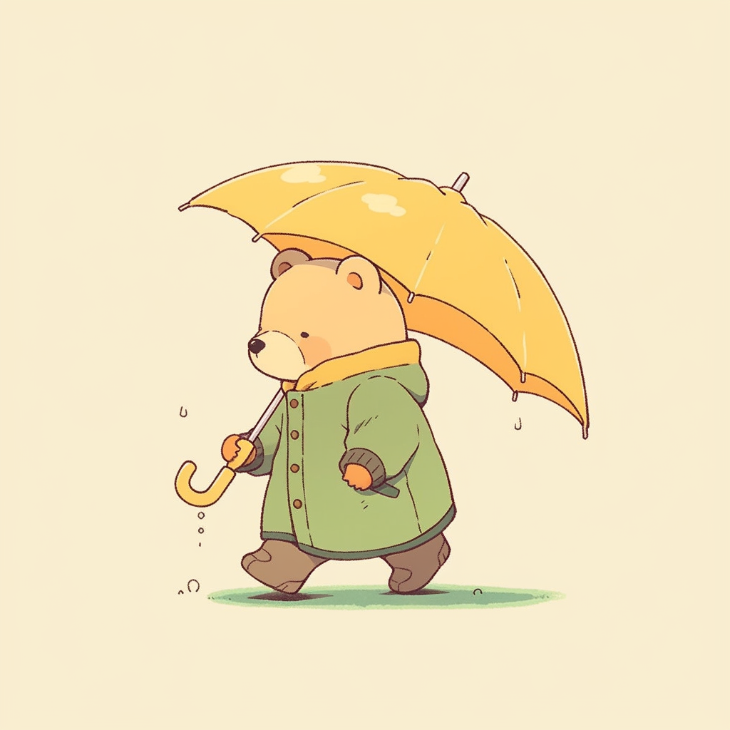 Chibi bear with umbrella walking home in rain.