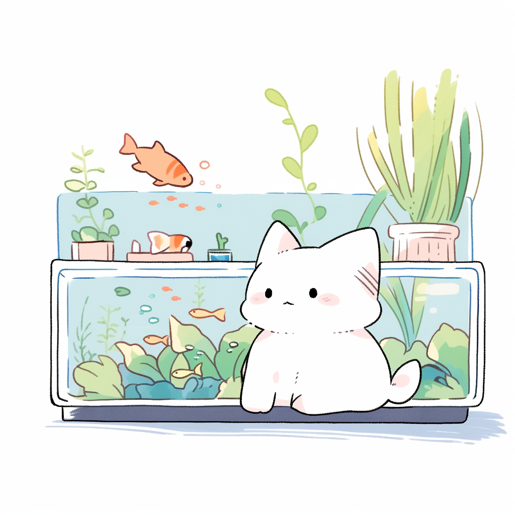 Chibi calico cat watching fish, cozy studio Ghibli style.