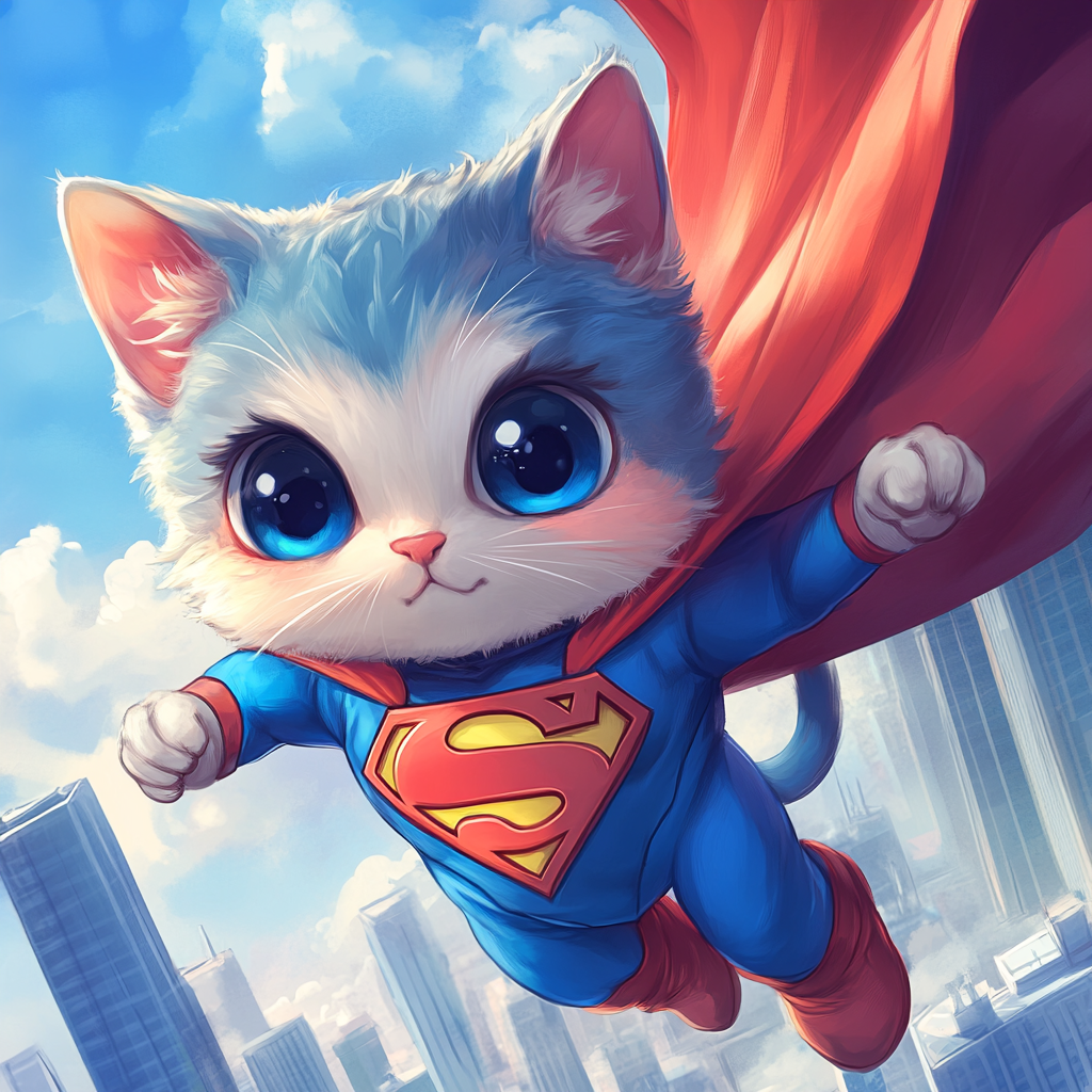 Chibi cat dressed as Superman, vibrant costume, playful.