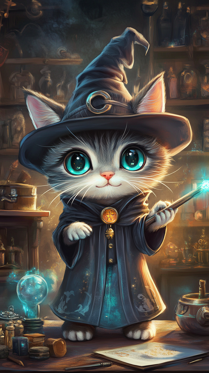 Chibi cat in Hogwarts robe casting spell. Magical setting.