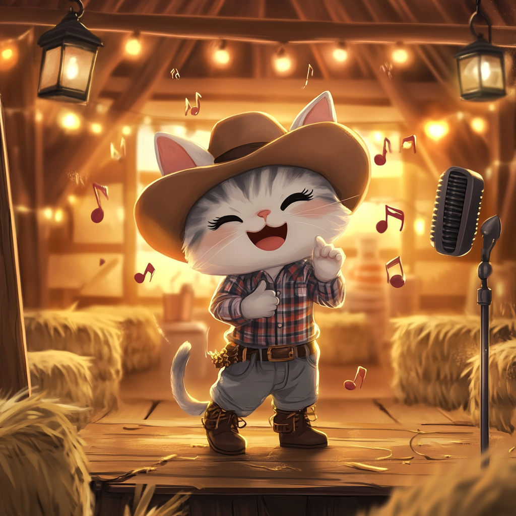 Chibi cat in country outfit sings on stage.