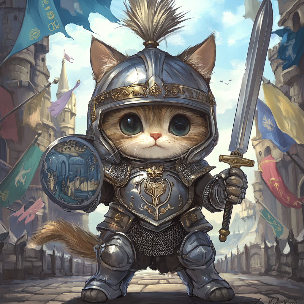 Chibi cat in knight armor with sword and shield.