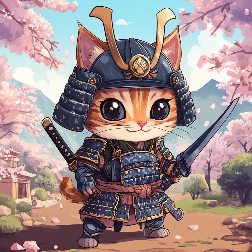 Chibi cat in samurai armor with katana pose.