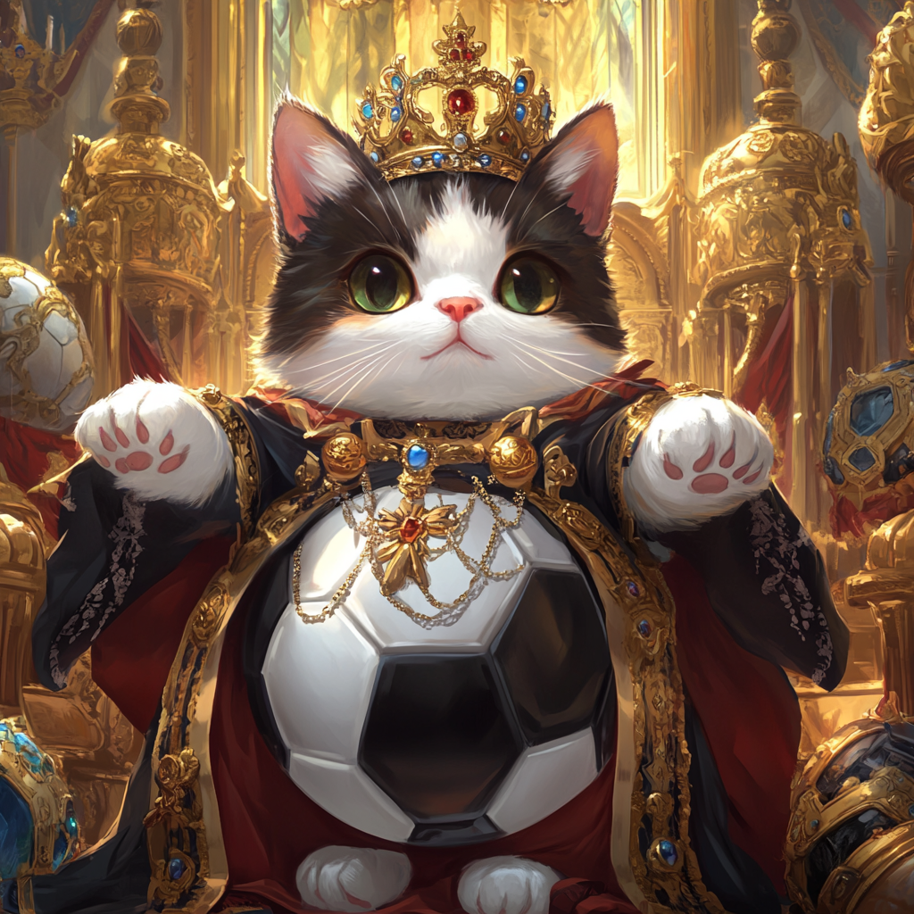 Chibi cat in soccer ball attire in throne room.