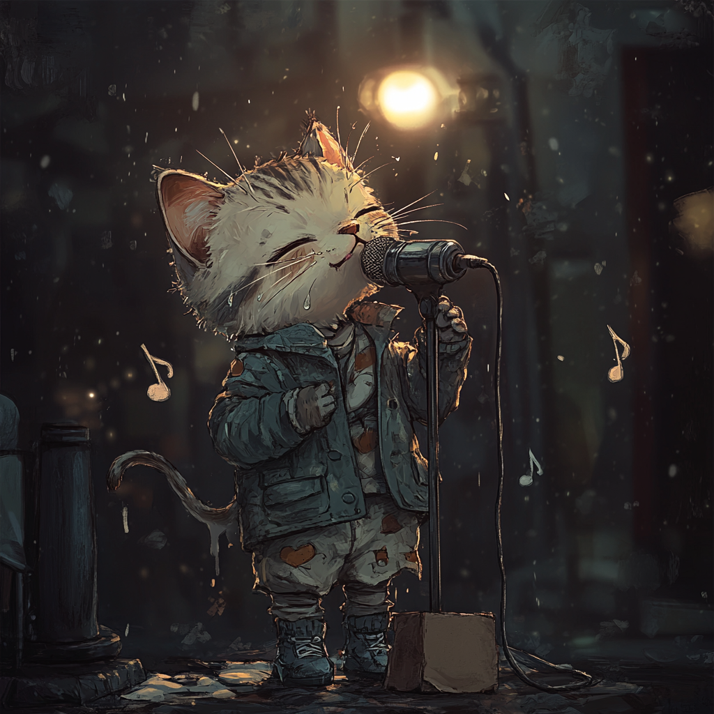 Chibi cat in tattered clothes sings passionately.