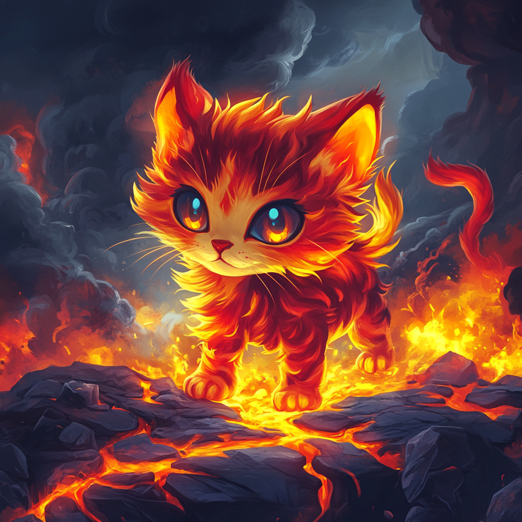 Chibi cat looks like fiery lava in 4K art.