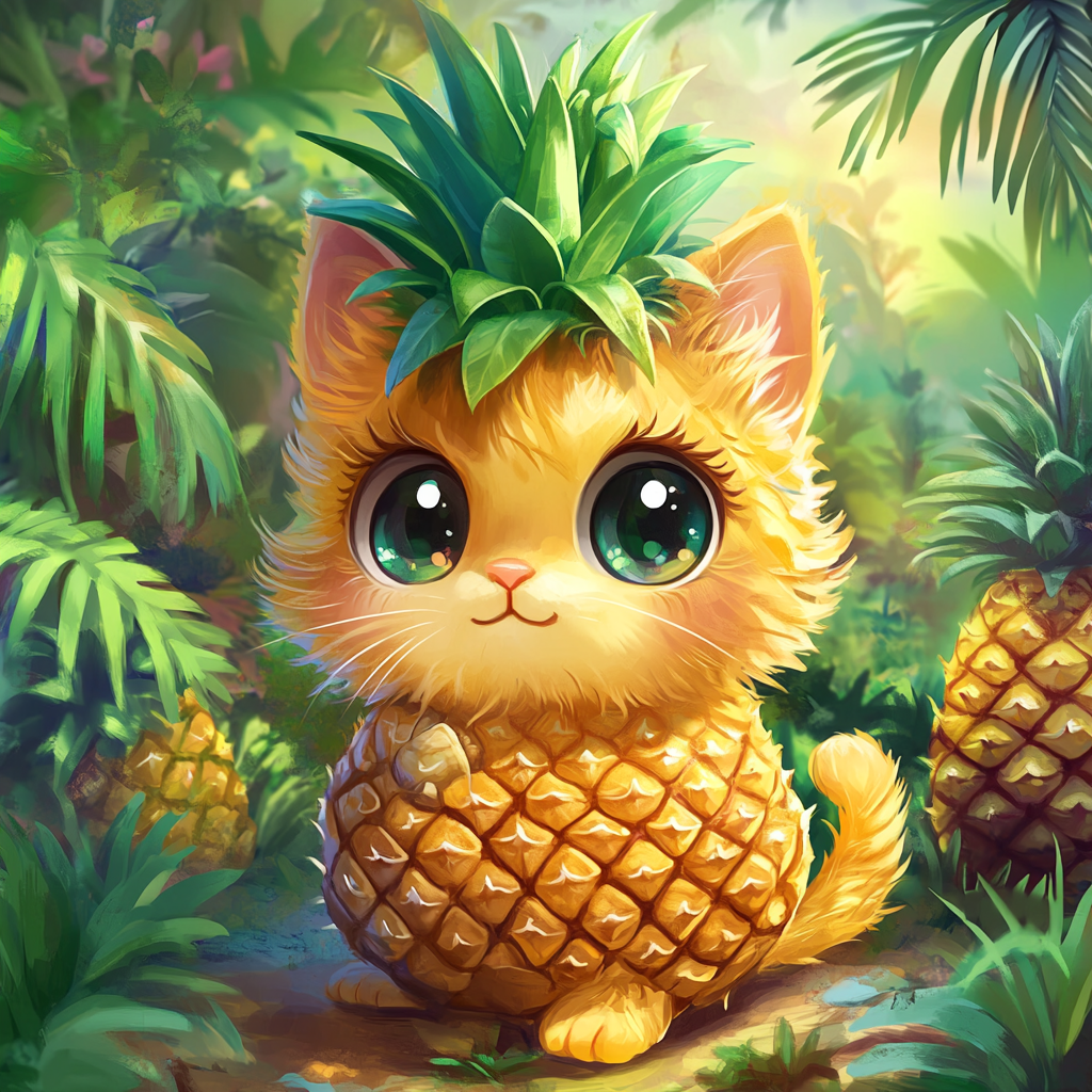 Chibi cat looks like pineapple, colorful tropical garden background.