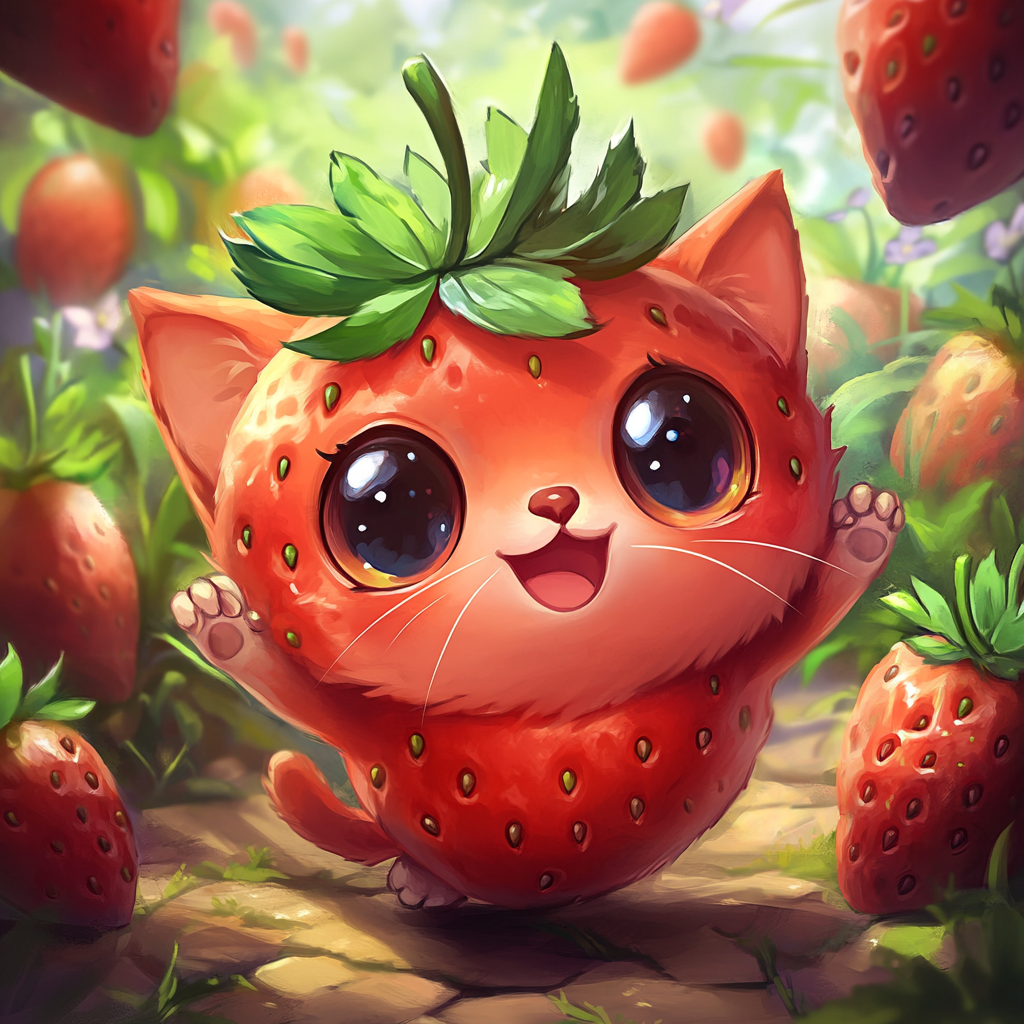 Chibi cat looks like strawberry in magical garden.