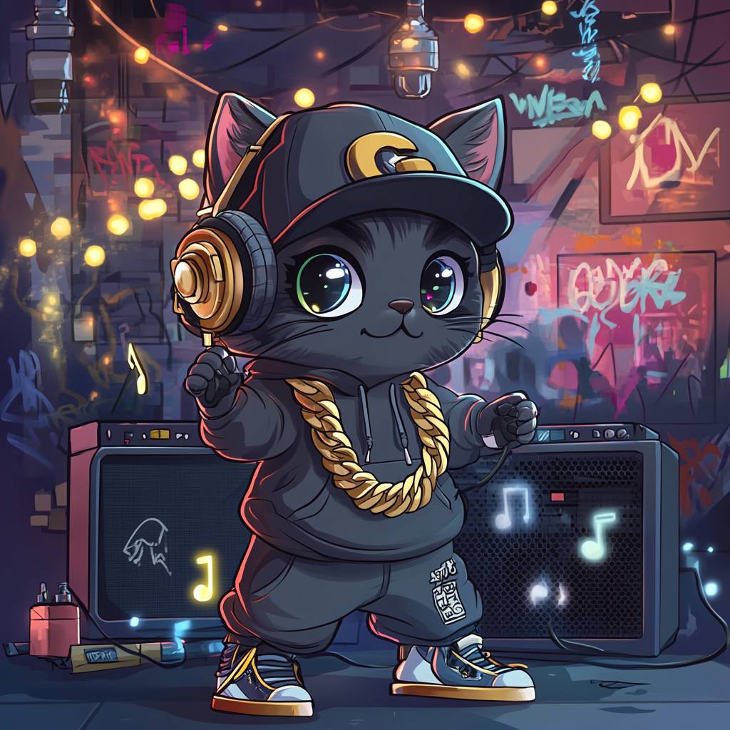 Chibi cat rapper in urban setting, cool pose.