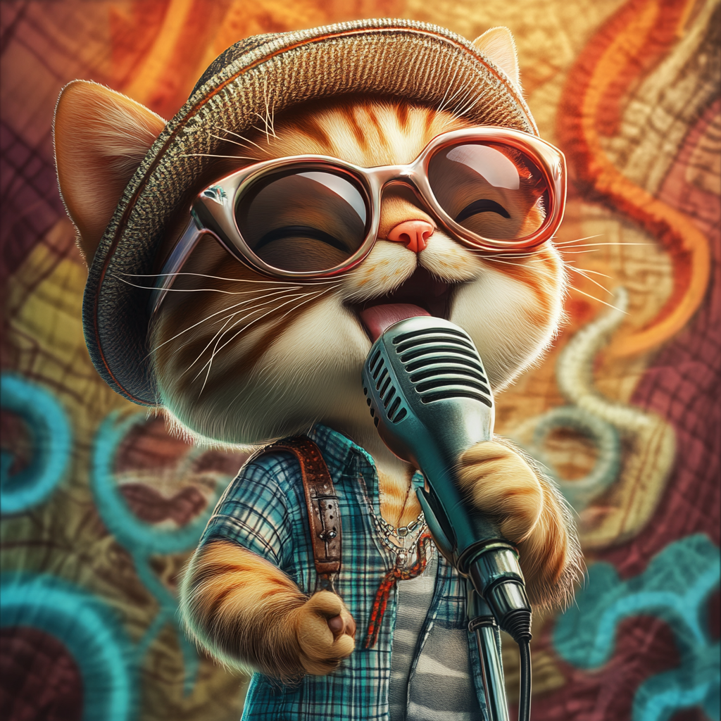 Chibi cat singing humorously with quirky expression.