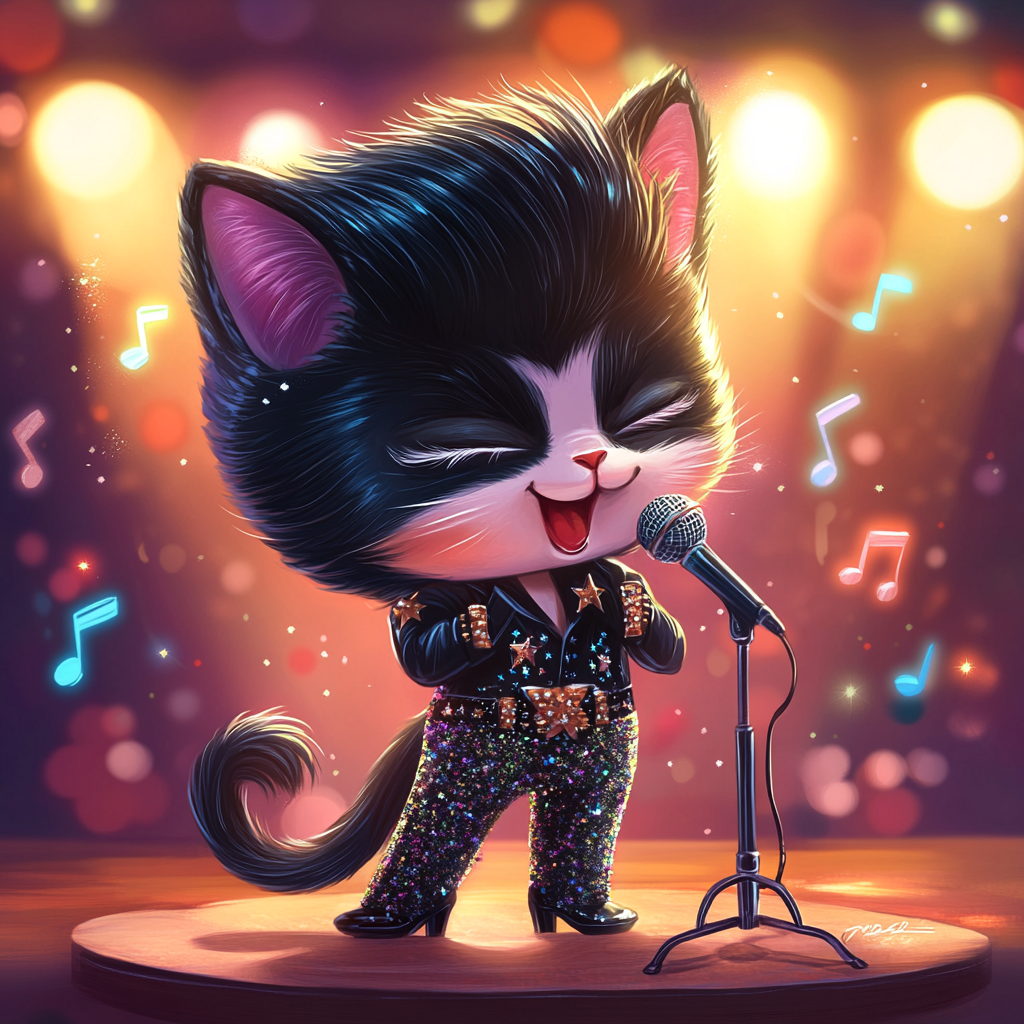 Chibi cat sings with Elvis style, colorful background.